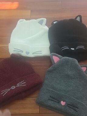 Set Of 4 $30 Cute Cat Ear Beanie Hat - White, Black, Gray, Burgundy